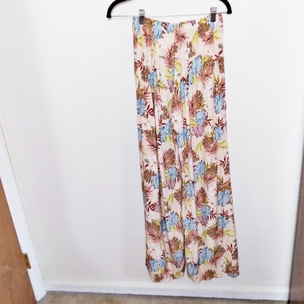 Drew Beige Tropical Leaf Print Wide Split Leg Pants Size Xs NWT - Picture 2 of 8